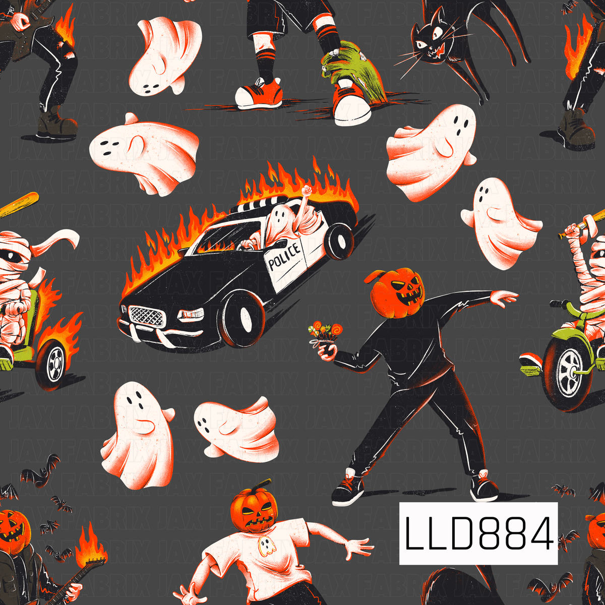 A bold retro Halloween pattern featuring playful white ghosts, spooky black cats, pumpkin-headed characters, mummies, bats, candy, and a flaming police car. Bright orange, black, white, and pops of green stand out against a dark charcoal background, with distressed detailing throughout for a vintage Halloween look.
