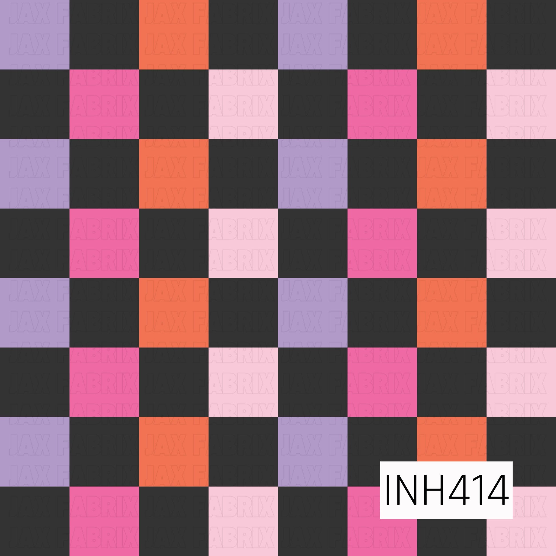 features a bold buffalo plaid-inspired design in a playful Halloween color palette of black, lavender, hot pink, blush pink, peach, and coral. The oversized checker pattern adds a modern twist while coordinating perfectly with spooky prints, bows, pumpkins, and ghost-themed designs. Perfect as a standalone print or as a coordinating fabric for bows, accessories, and seasonal sewing projects.
