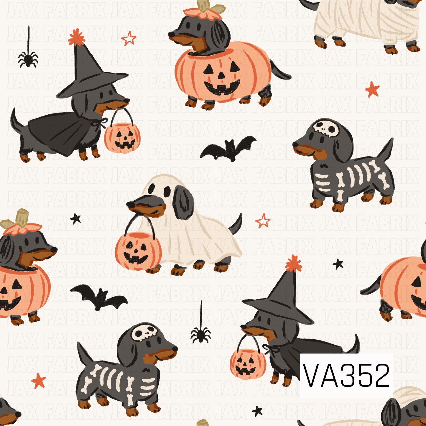 A playful Halloween pattern featuring adorable dachshunds dressed as witches, ghosts, pumpkins, and skeletons, surrounded by bats, spiders, stars, and jack-o'-lantern trick-or-treat buckets on a soft cream background.
