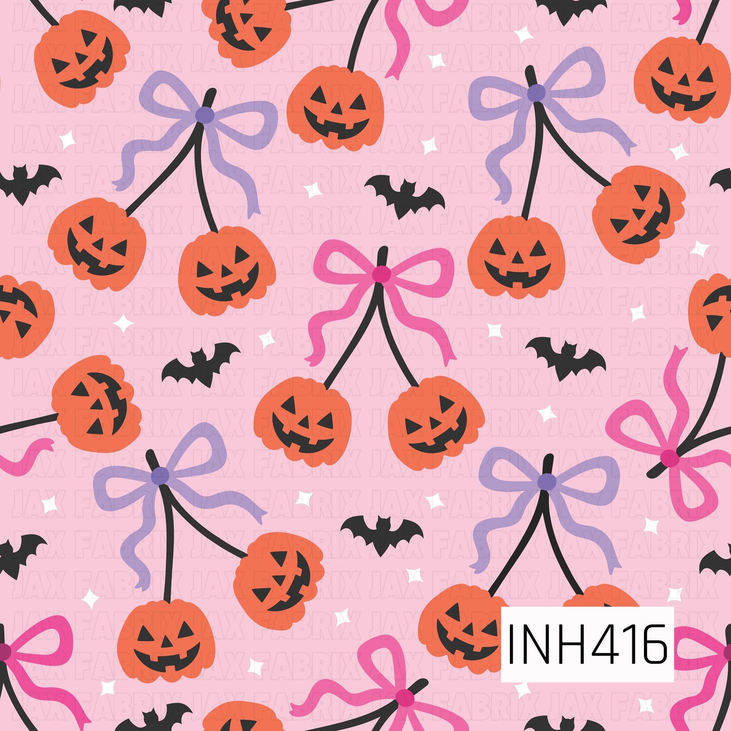 A playful Halloween pattern featuring cherry-style jack-o'-lantern pairs hanging from black stems tied with pink and lavender bows. Small black bats and white sparkle stars are scattered across a light pink background, creating a fun and whimsical Halloween design.
