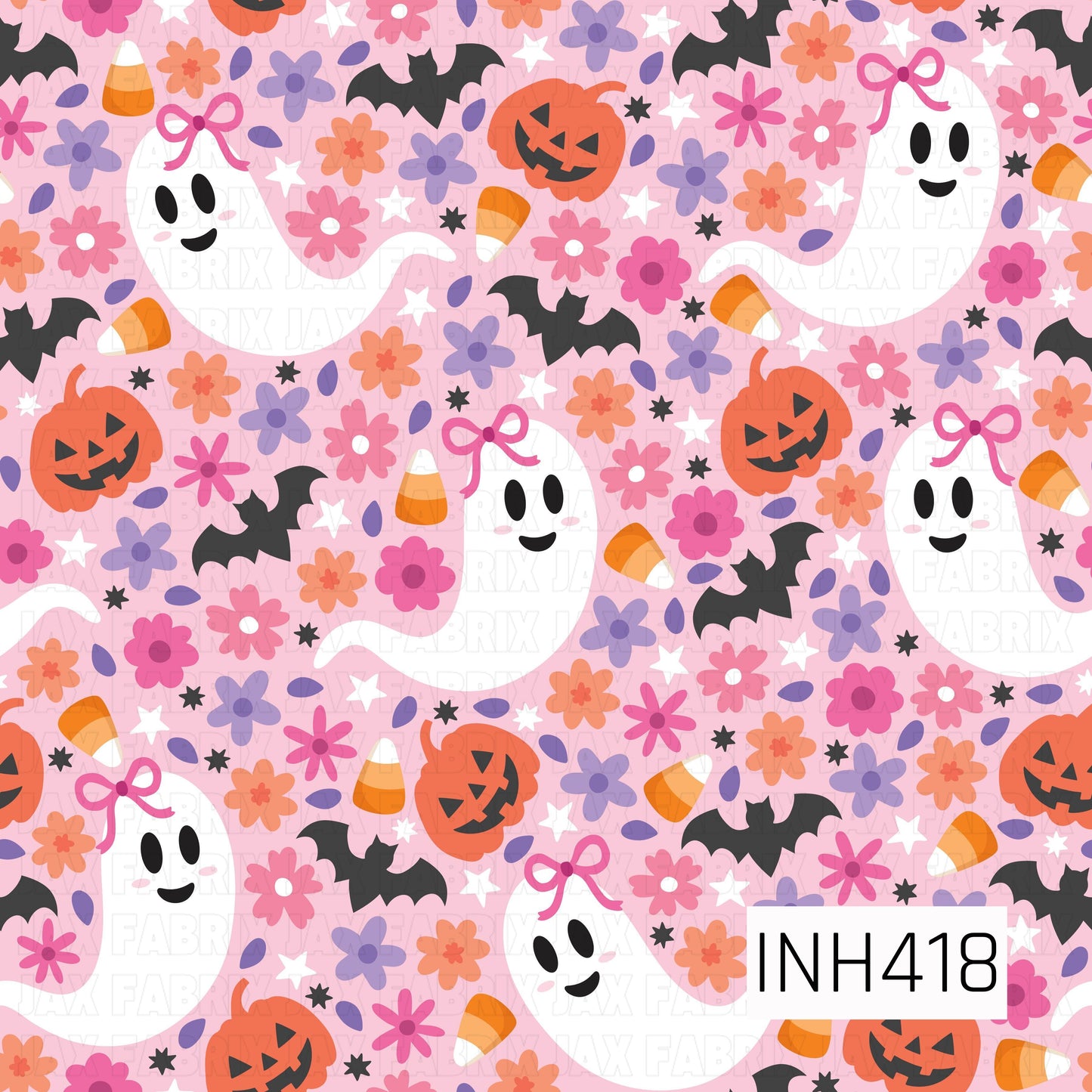 A sweet Halloween pattern featuring adorable bow-topped ghosts, smiling jack-o'-lanterns, candy corn, fluttering bats, colorful flowers, stars, and tiny sparkles on a soft pink background. The playful mix of spooky and cute elements creates a fun, pastel Halloween design that's perfect for festive bows, fabrics, and seasonal crafts.
