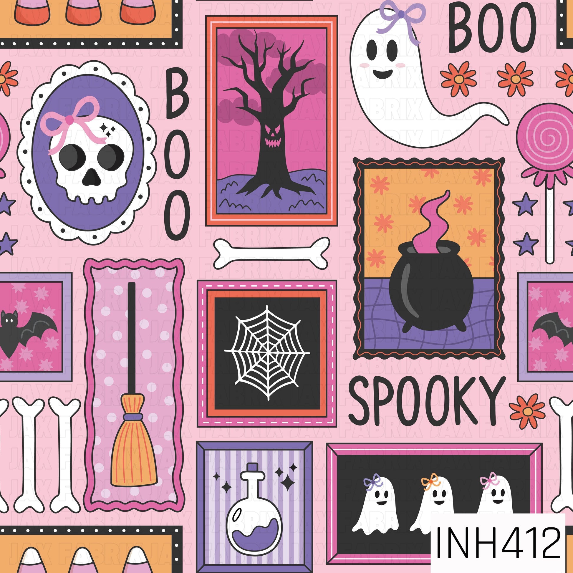 A spooky gallery-style pattern featuring framed Halloween artwork, including a skull with a bow, a haunted tree, a bubbling cauldron, a spiderweb, potion bottle, bats, ghosts, bones, candy corn, lollipops, flowers, and the words "BOO" and "SPOOKY." The illustrations are arranged on a light pink background with accents of black, orange, purple, and pink for a playful Halloween aesthetic.
