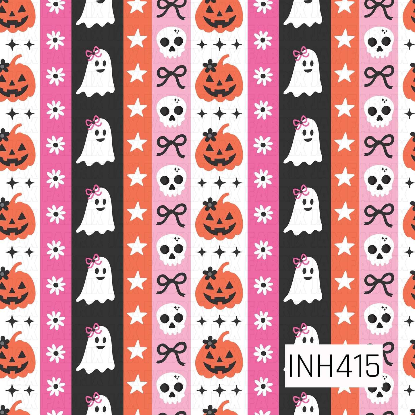 Vertical stripes featuring repeating Halloween icons, including smiling ghosts with pink bows, jack-o'-lanterns, white daisies, white stars, skulls, black bows, and sparkle accents. The design alternates black, white, coral orange, hot pink, and light pink stripes for a playful, colorful Halloween look.
