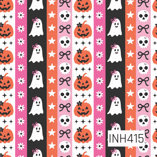 Vertical stripes featuring repeating Halloween icons, including smiling ghosts with pink bows, jack-o'-lanterns, white daisies, white stars, skulls, black bows, and sparkle accents. The design alternates black, white, coral orange, hot pink, and light pink stripes for a playful, colorful Halloween look.
