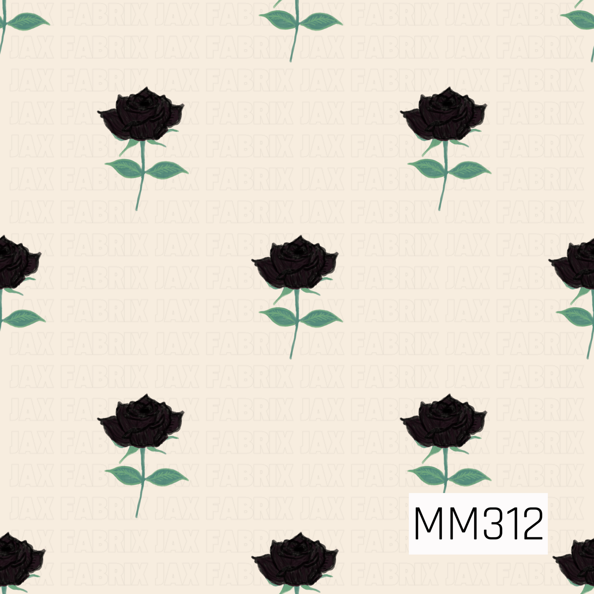A delicate seamless pattern featuring scattered black roses with soft green stems and leaves on a warm cream background. The simple floral layout creates an elegant, gothic-inspired design with a timeless feel, perfect for Halloween, dark romance, and vintage floral collections.
