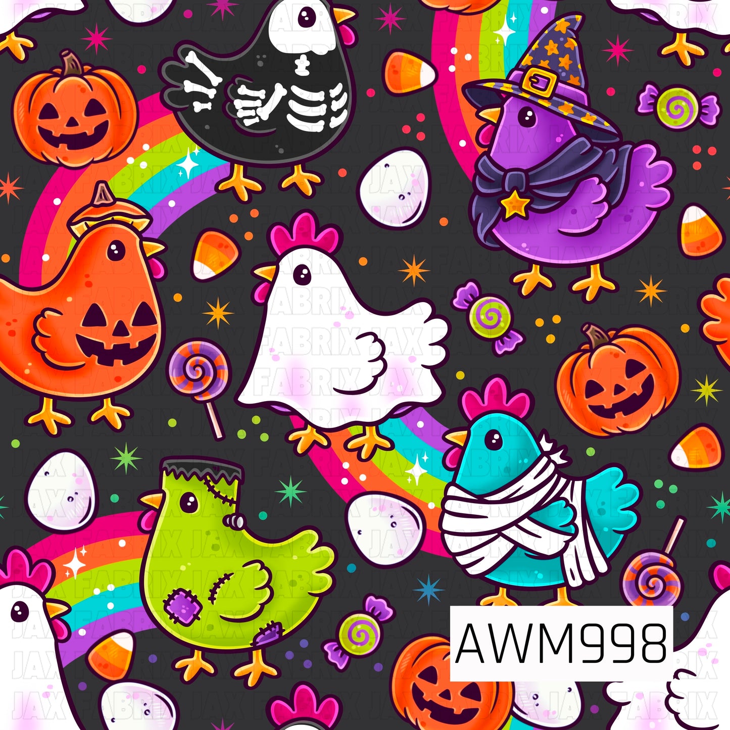 A playful Halloween seamless pattern featuring adorable cartoon chickens dressed in festive costumes, including a skeleton chicken, witch chicken, mummy chicken, Frankenstein chicken, ghost chicken, and jack-o'-lantern chicken. Bright rainbows, smiling pumpkins, candy corn, colorful lollipops, wrapped candies, eggs, sparkling stars, and confetti are scattered across a dark background, creating a fun and whimsical Halloween farm theme.
