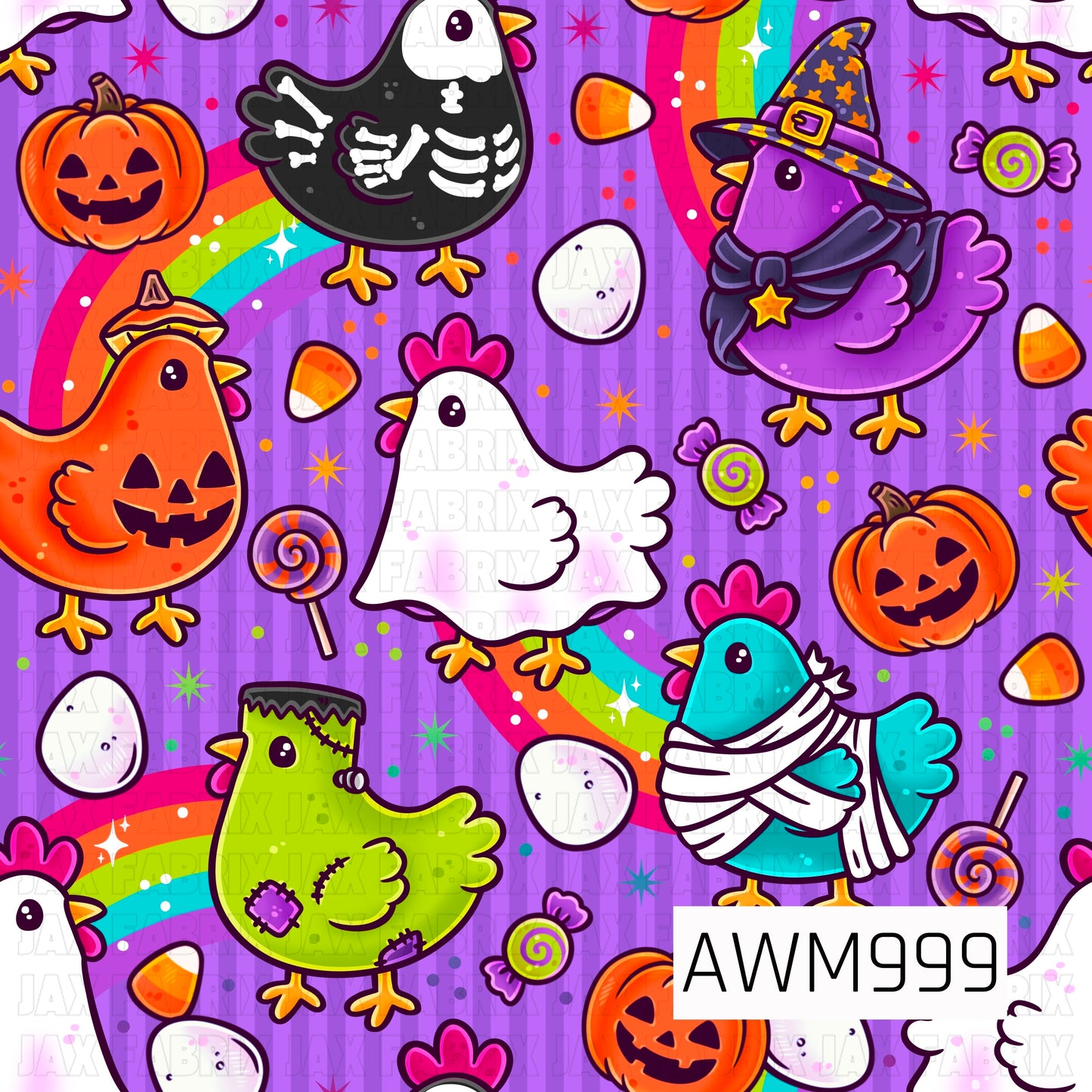 A playful Halloween seamless pattern featuring adorable cartoon chickens dressed in festive costumes, including a skeleton chicken, witch chicken, mummy chicken, Frankenstein chicken, ghost chicken, and jack-o'-lantern chicken. Bright rainbows, smiling pumpkins, candy corn, colorful lollipops, wrapped candies, eggs, sparkling stars, and confetti are scattered across a purple striped background, creating a fun and whimsical Halloween farm theme.
