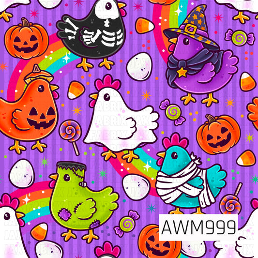 A playful Halloween seamless pattern featuring adorable cartoon chickens dressed in festive costumes, including a skeleton chicken, witch chicken, mummy chicken, Frankenstein chicken, ghost chicken, and jack-o'-lantern chicken. Bright rainbows, smiling pumpkins, candy corn, colorful lollipops, wrapped candies, eggs, sparkling stars, and confetti are scattered across a purple striped background, creating a fun and whimsical Halloween farm theme.
