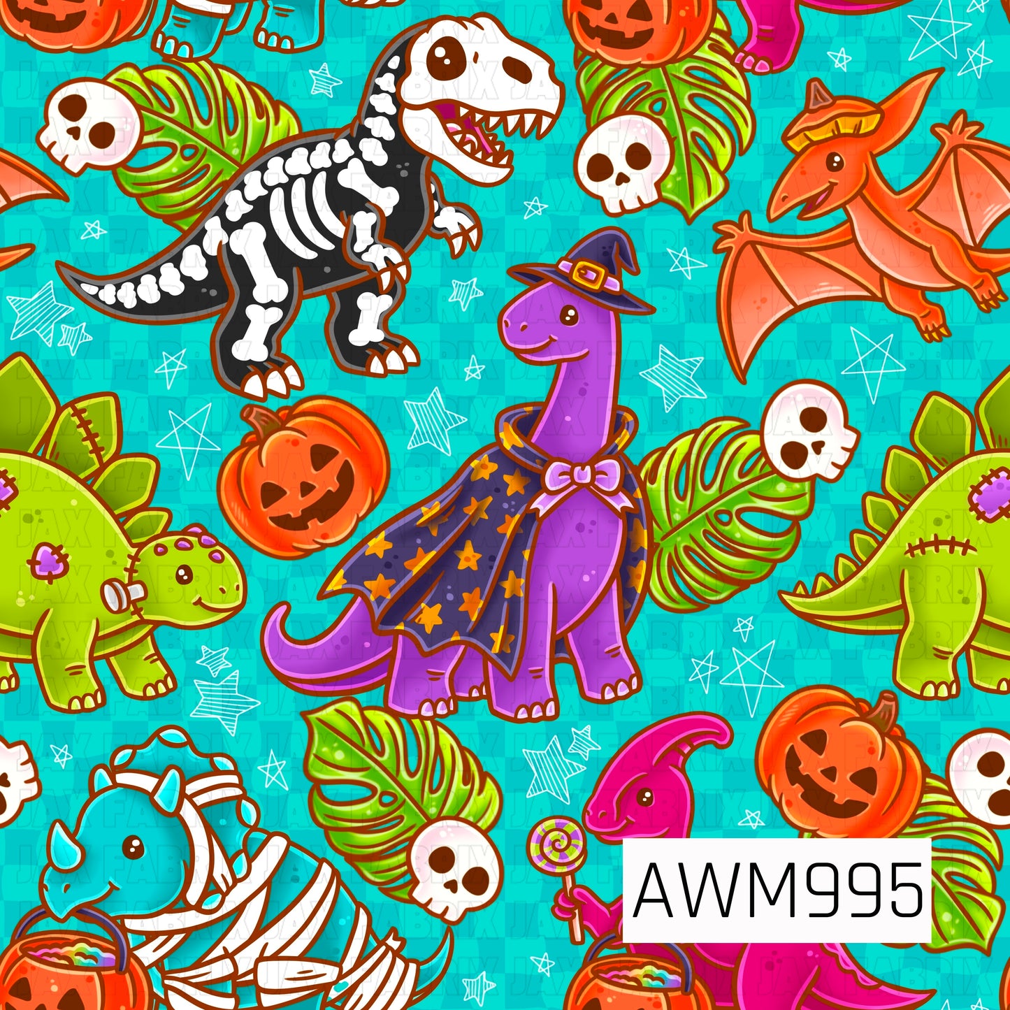 A fun and whimsical Halloween seamless pattern featuring colorful cartoon dinosaurs dressed in festive costumes, including a skeleton T-Rex, witch brontosaurus, mummy triceratops, Frankenstein dinosaur, trick-or-treat parasaurolophus, and a cheerful pterodactyl. Bright jack-o'-lanterns, skulls, tropical monstera leaves, candy, and hand-drawn stars are scattered across a vibrant teal background, creating a playful prehistoric Halloween theme.
