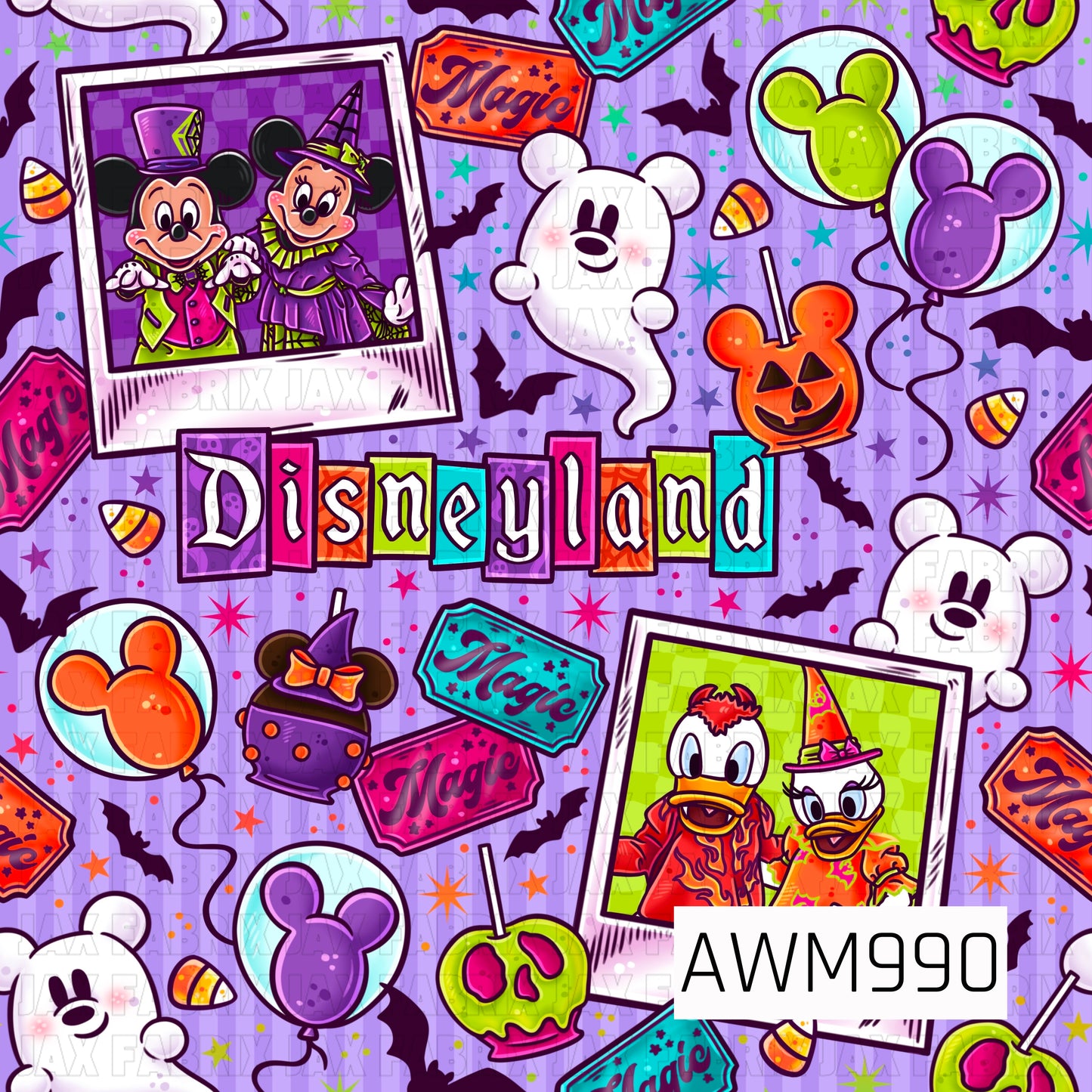 A vibrant Halloween-themed pattern featuring colorful park-inspired icons including balloons, candy apples, candy corn, bats, ghosts, magic tickets, and framed costumed character snapshots. Set against a purple striped background with bright neon orange, lime green, teal, and pink accents, this playful design captures a festive Halloween park atmosphere.
