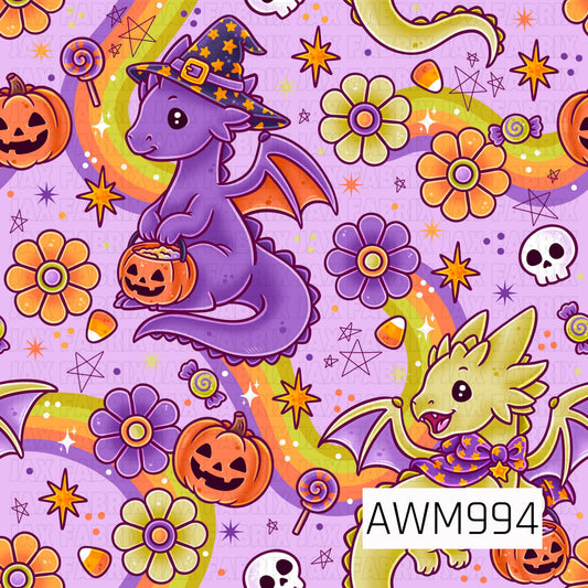 A vibrant Halloween seamless pattern featuring adorable dragons dressed in witch hats and festive scarves, surrounded by smiling jack-o'-lanterns, candy, colorful flowers, rainbows, stars, skulls, and magical accents on a bright purple background.
