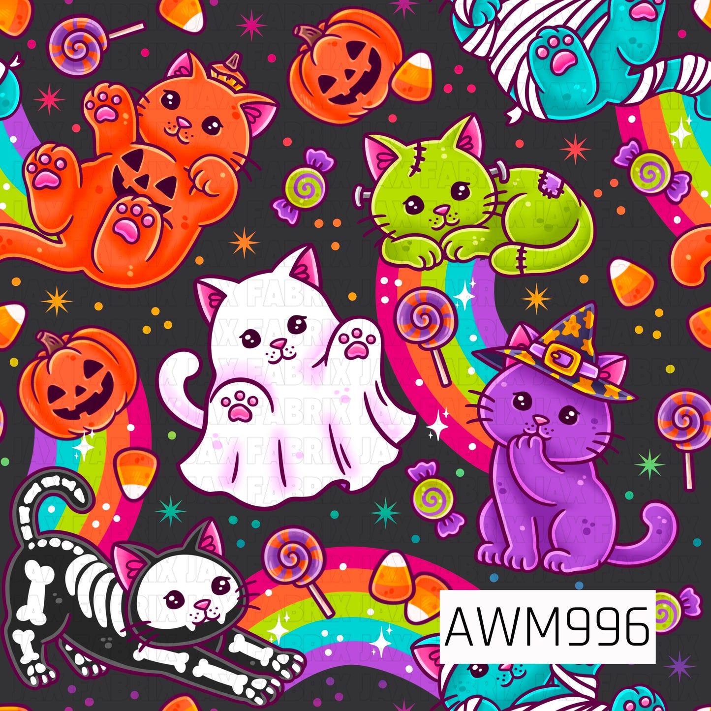 A playful Halloween seamless pattern featuring adorable cartoon cats dressed in festive costumes, including a jack-o'-lantern kitty, Frankenstein kitty, ghost kitty, witch kitty, skeleton kitty, and mummy kitty. Bright rainbows, smiling pumpkins, candy corn, colorful lollipops, wrapped candies, sparkling stars, and confetti are scattered across a dark background, creating a fun and whimsical Halloween theme.
