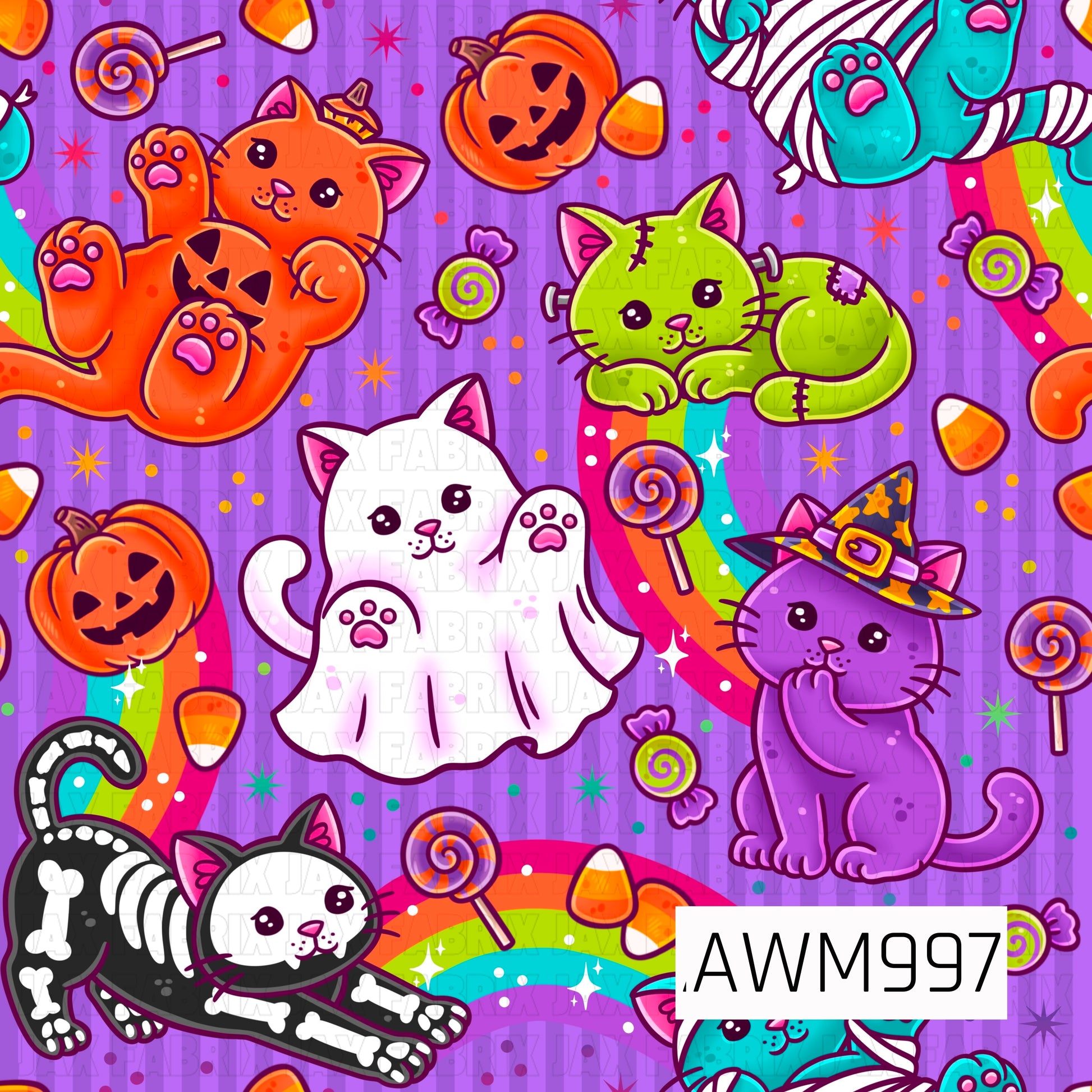 A playful Halloween seamless pattern featuring adorable cartoon cats dressed in festive costumes, including a jack-o'-lantern kitty, Frankenstein kitty, ghost kitty, witch kitty, skeleton kitty, and mummy kitty. Bright rainbows, smiling pumpkins, candy corn, colorful lollipops, wrapped candies, sparkling stars, and confetti are scattered across a purple striped background, creating a fun and whimsical Halloween theme.
