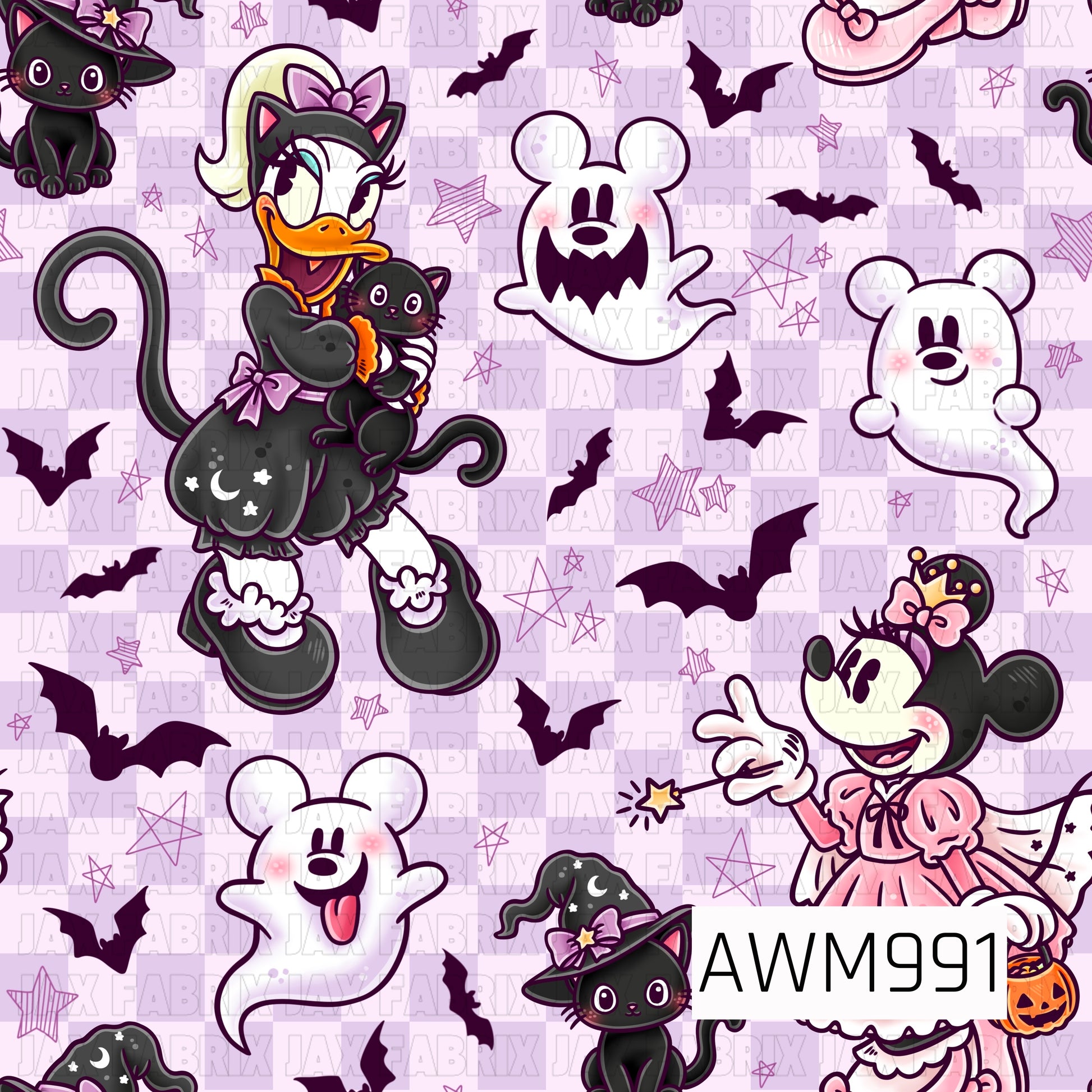 A playful Halloween pattern featuring cartoon-inspired characters dressed in festive costumes alongside smiling ghosts, black bats, and adorable black cats wearing witch hats. Set on a light purple background with sketched stars, the design combines soft pink, black, and lavender accents for a cute and whimsical Halloween look.
