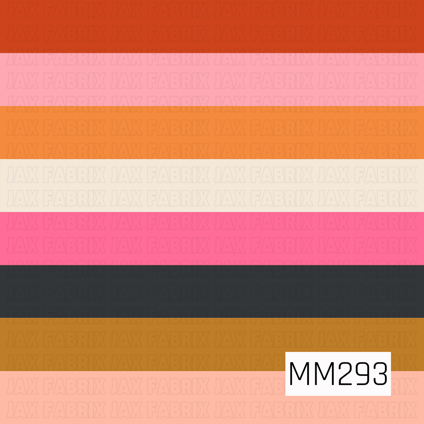 A clean, evenly spaced stripe design featuring horizontal bands in coral red, blush pink, orange, cream, hot pink, charcoal, mustard, and soft peach. This versatile coordinate print adds balance and visual interest while complementing the collection's playful floral and Halloween-inspired designs.

