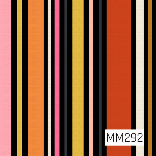 A classic pinstripe design featuring vertical stripes in blush pink, mustard yellow, orange, cream, hot pink, charcoal, coral red, and black. The varying stripe widths create a balanced, eye-catching look that adds structure and contrast while serving as a versatile coordinating print throughout the collection.

