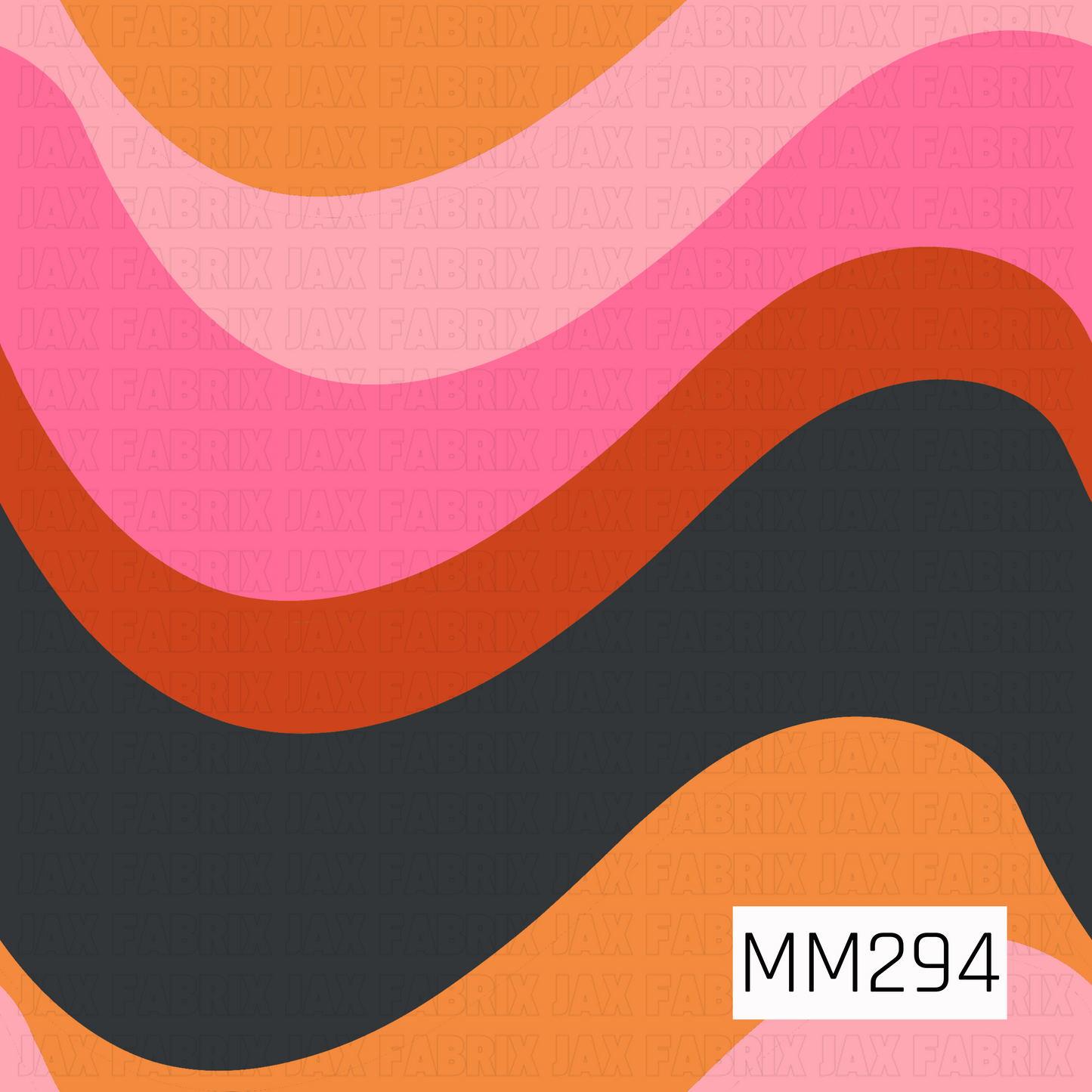 A bold retro-inspired design featuring flowing waves in shades of orange, coral red, blush pink, hot pink, and charcoal. The layered curves create movement and depth, giving the pattern a playful groovy feel while blending vintage aesthetics with a modern graphic style. Perfect as a statement print or coordinating design within the collection.

