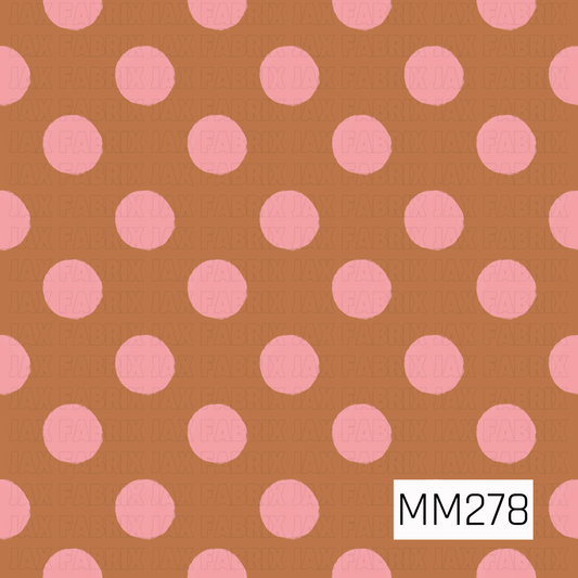 Soft pink polka dots on a warm caramel-brown background arranged in a clean, repeating pattern. The simple, playful design offers a classic look with a soft color palette and versatile coordinate styling.

