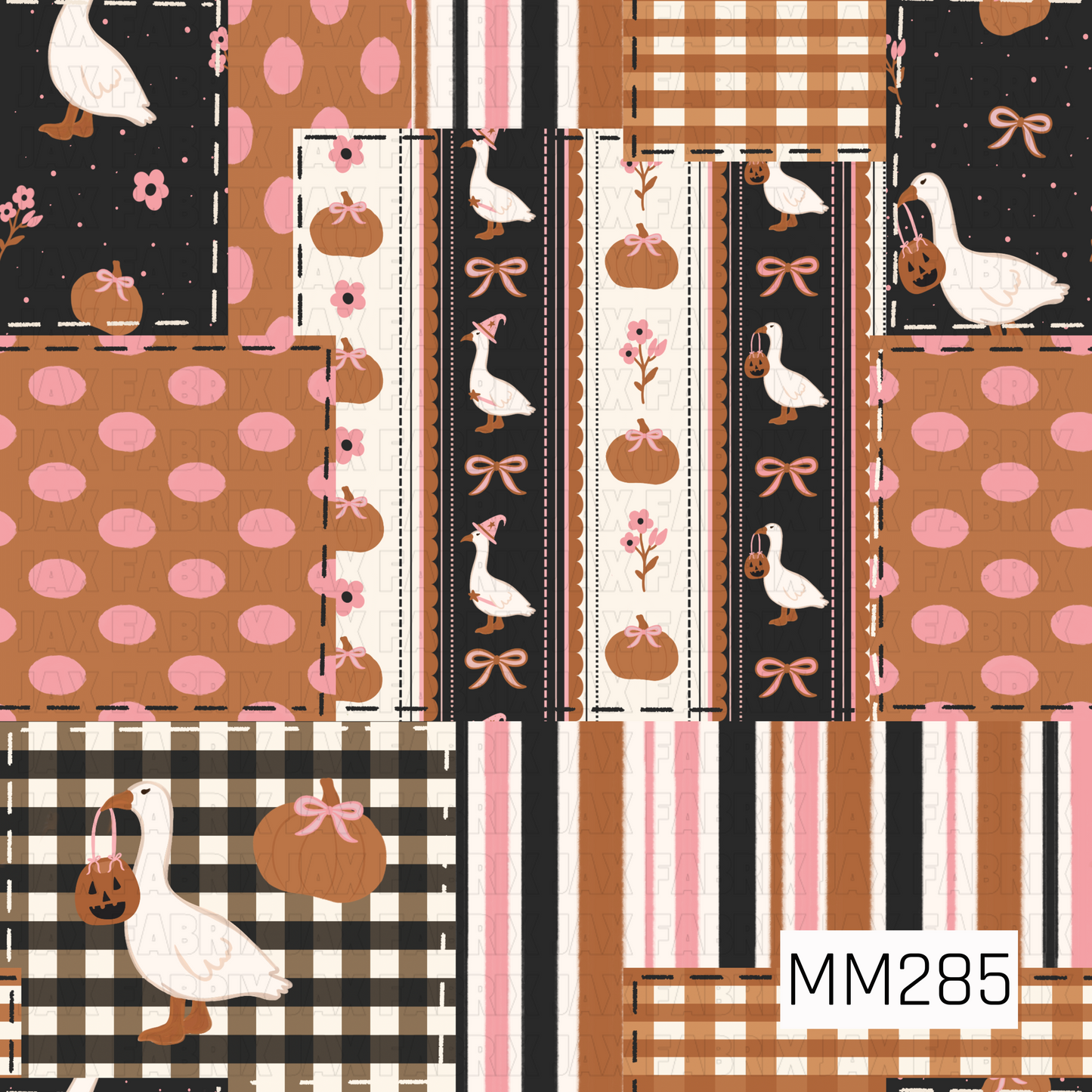 **Description:**
A charming Halloween patchwork design featuring sweet geese, pink bows, pumpkins, florals, and mixed plaid and striped patterns. The color palette blends black, cream, blush pink, and warm caramel tones, creating a soft vintage farmhouse feel with a festive Halloween twist. The geese are dressed in cute seasonal accessories and carry tiny jack-o'-lantern buckets, while coordinating patchwork blocks add cozy cottage charm throughout the print.
