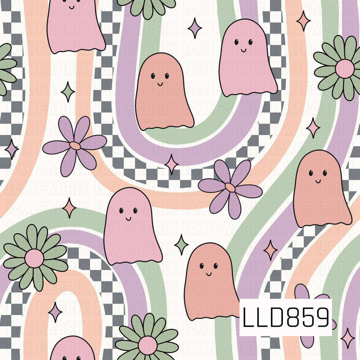 A cute retro Halloween design featuring smiling pastel ghosts scattered among groovy flowers and tiny sparkle accents. Wavy peach, lavender, and sage green stripes flow through the background alongside black and white checkerboard details.
