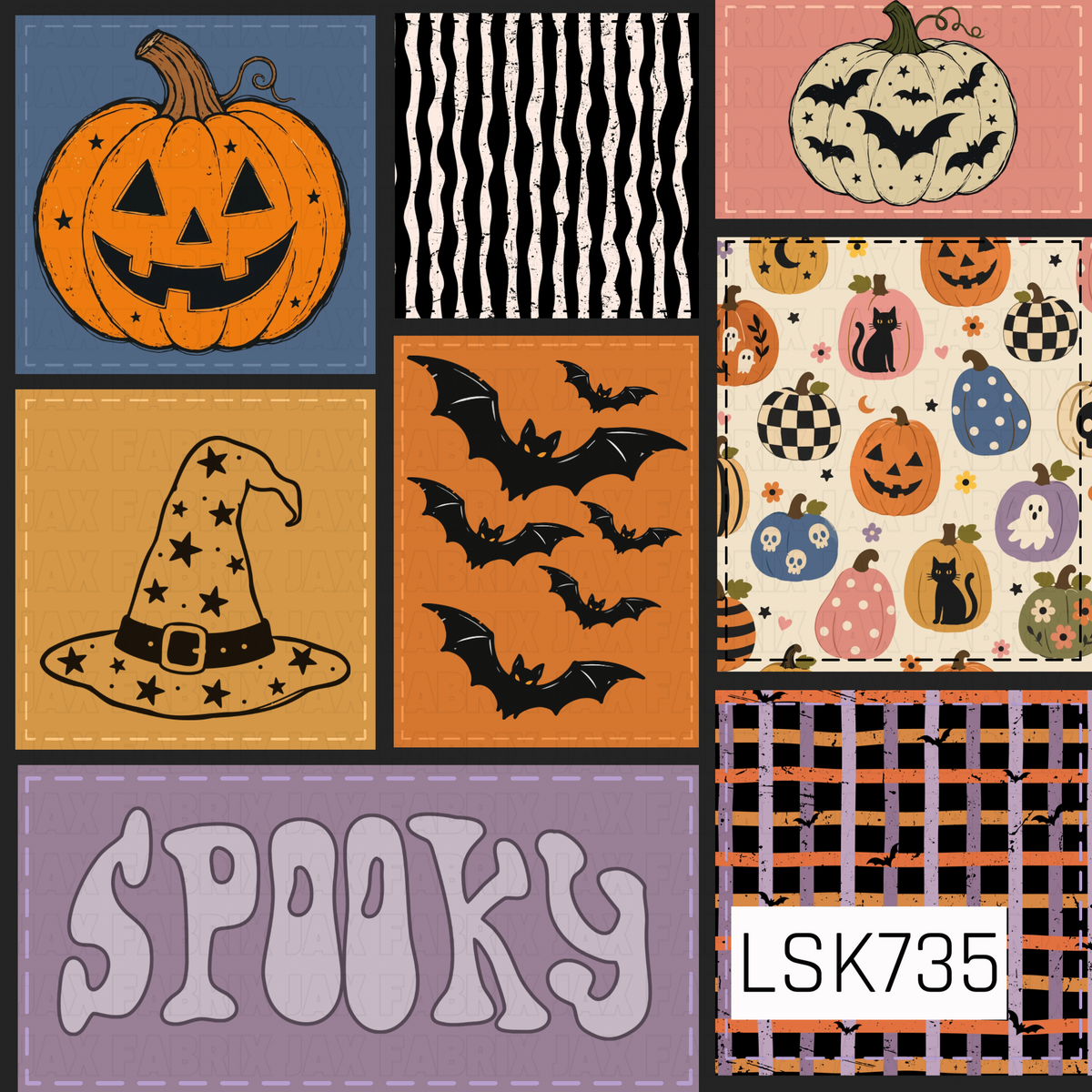 A playful Halloween patchwork pattern featuring jack-o’-lanterns, bats, a star-covered witch hat, spooky lettering, and whimsical patterned pumpkins with cats, ghosts, skulls, florals, and checkerboard details. A mix of orange, black, lavender, dusty blue, pink, and mustard gives the design a fun retro Halloween feel.
