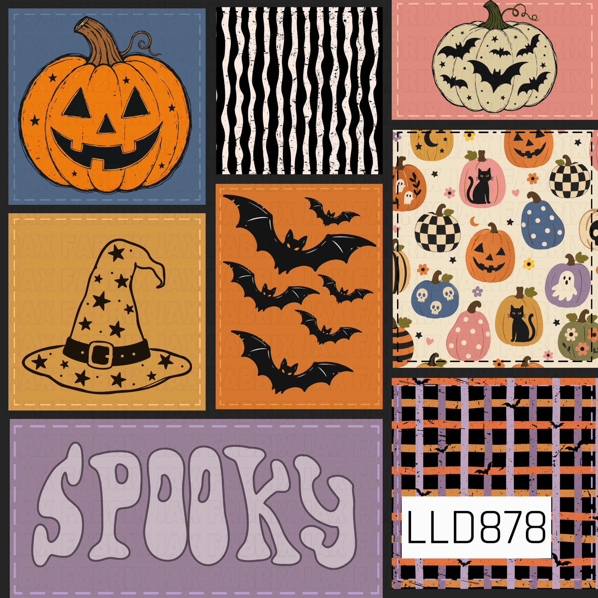 A bold Halloween patchwork design featuring a mix of jack-o’-lanterns, witch hats, flying bats, spooky pumpkins, black cats, ghosts, and playful seasonal patterns. Blocks of orange, dusty blue, coral, lavender, mustard, and black give the design a fun retro Halloween feel.
