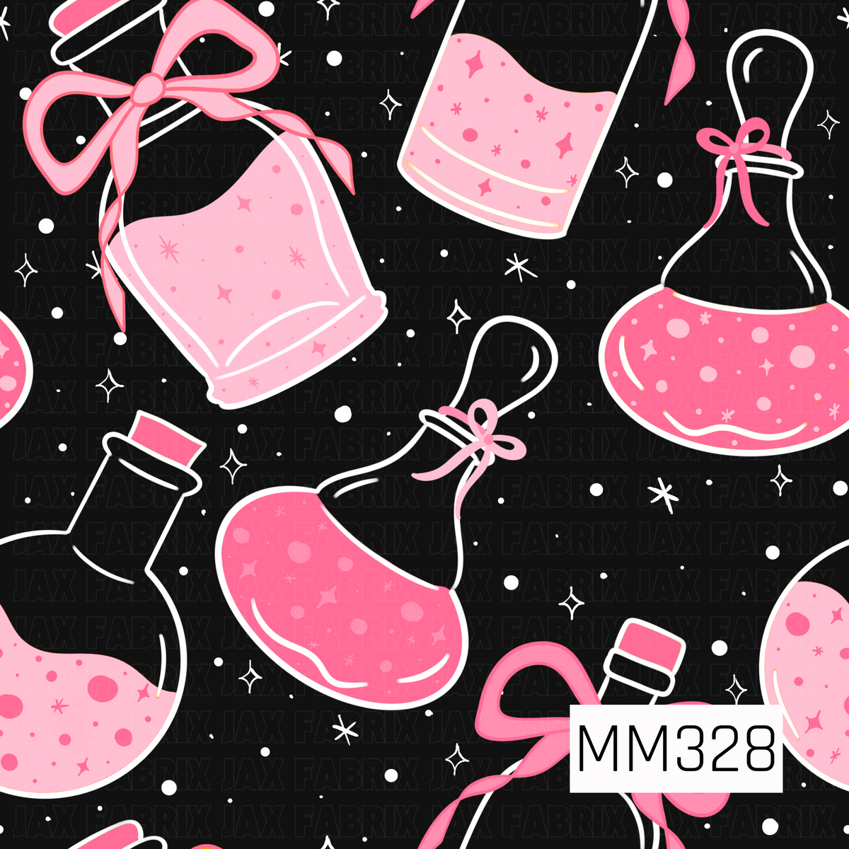 A whimsical Halloween pattern featuring pink potion bottles filled with sparkling brews on a black background. White twinkling stars and scattered dots add a magical touch, creating a fun and playful design with a cute pastel spooky aesthetic.
