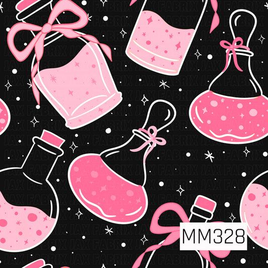 A whimsical Halloween pattern featuring pink potion bottles filled with sparkling brews on a black background. White twinkling stars and scattered dots add a magical touch, creating a fun and playful design with a cute pastel spooky aesthetic.
