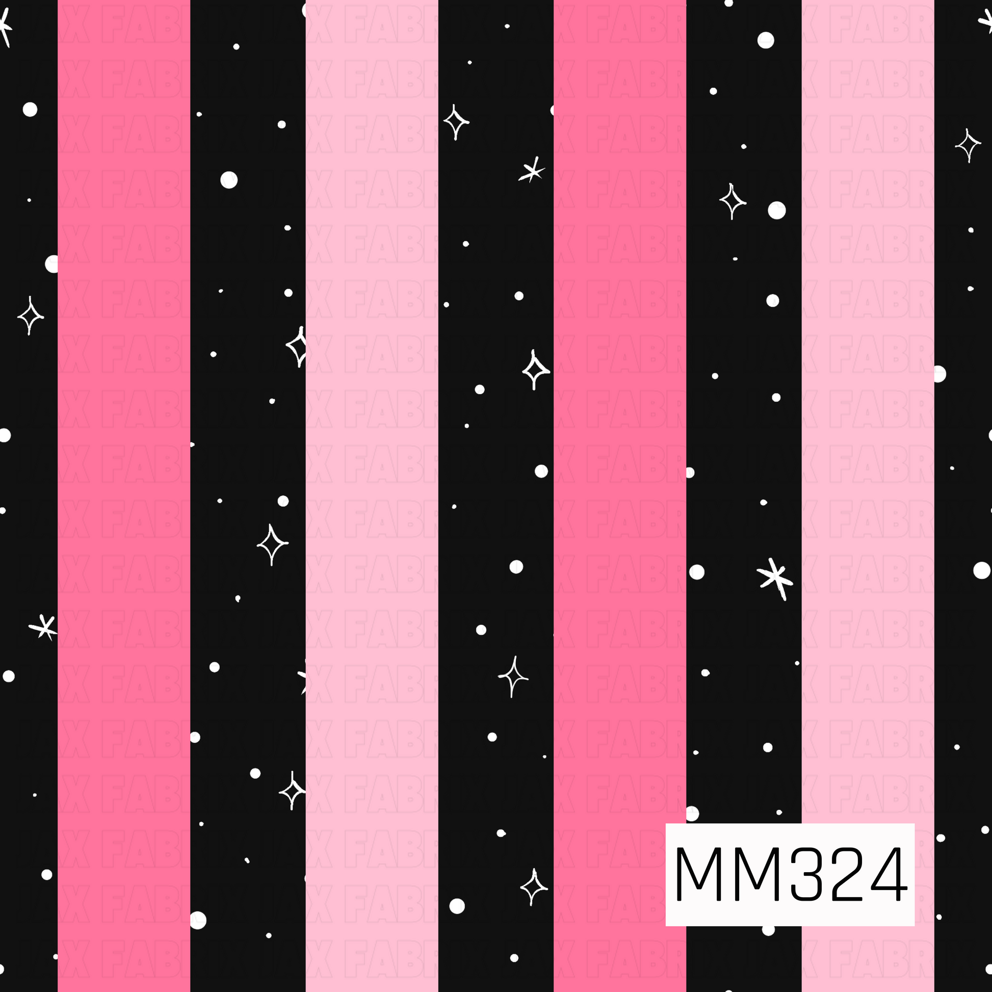 A bold coordinating seamless stripe pattern featuring alternating hot pink, blush pink, and black vertical stripes. The black stripes are sprinkled with tiny white stars, sparkles, and dots, adding a magical celestial touch that pairs perfectly with spooky cute, Halloween, and whimsical themed collections.
