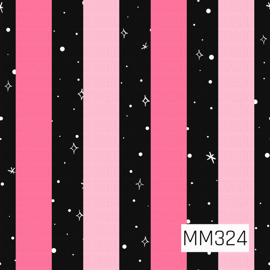 A bold coordinating seamless stripe pattern featuring alternating hot pink, blush pink, and black vertical stripes. The black stripes are sprinkled with tiny white stars, sparkles, and dots, adding a magical celestial touch that pairs perfectly with spooky cute, Halloween, and whimsical themed collections.

