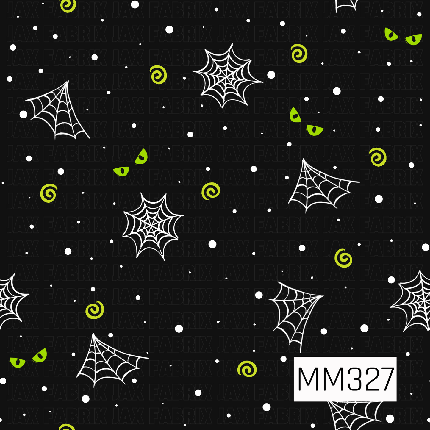 A spooky coordinate pattern featuring white spider webs, bright lime green swirls, glowing green eyes, and scattered white dots on a black background. This playful Halloween design adds a fun, eerie touch and pairs perfectly with spooky, potion, and monster-themed collections.

