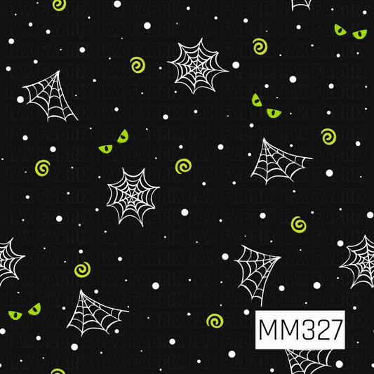 A spooky coordinate pattern featuring white spider webs, bright lime green swirls, glowing green eyes, and scattered white dots on a black background. This playful Halloween design adds a fun, eerie touch and pairs perfectly with spooky, potion, and monster-themed collections.
