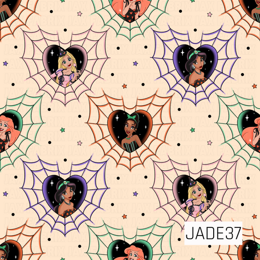 A whimsical Halloween pattern featuring princess-inspired characters framed inside heart-shaped centers of colorful spiderwebs. The webs are outlined in soft shades of purple, mint, orange, and pink against a light cream background. Small stars, dots, and sparkles are scattered throughout, creating a playful and magical spooky-season feel. The repeating design combines pastel Halloween colors with enchanting fairytale-inspired elements for a fun and festive look.
