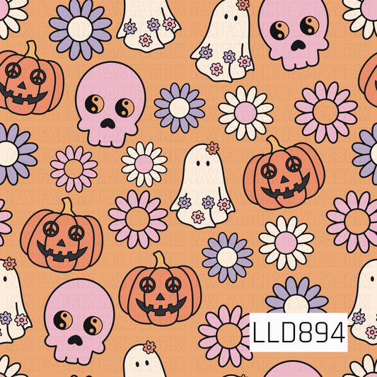 A playful retro Halloween design featuring pink skulls with yin-yang eyes, smiling pumpkins with peace sign eyes, flower-covered ghosts, and colorful daisies. Set against a warm orange background, the soft pink, lavender, cream, coral, and black palette gives this spooky print a fun groovy vibe.
