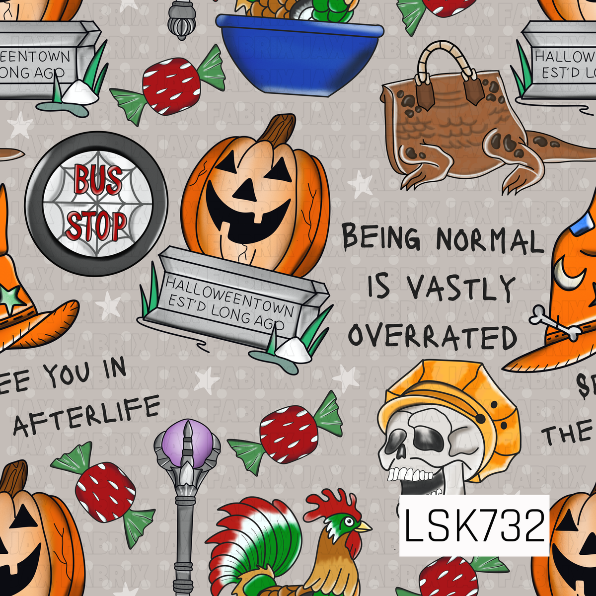 A playful Halloween pattern featuring jack-o’-lanterns, witch hats, candy, skulls, potion bottles, a bus stop sign, and quirky Halloweentown-inspired details. The colorful orange, green, red, purple, and blue illustrations are scattered across a light gray background with hand-drawn spooky phrases throughout.
