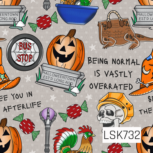 A playful Halloween pattern featuring jack-o’-lanterns, witch hats, candy, skulls, potion bottles, a bus stop sign, and quirky Halloweentown-inspired details. The colorful orange, green, red, purple, and blue illustrations are scattered across a light gray background with hand-drawn spooky phrases throughout.
