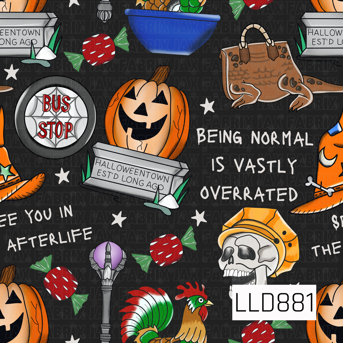 A bold Halloween pattern featuring jack-o’-lanterns, witch hats, candy, skeletons, spooky signs, and other whimsical seasonal elements. A deep black background makes the bright orange, green, red, purple, and white details pop for a fun, slightly spooky look.

