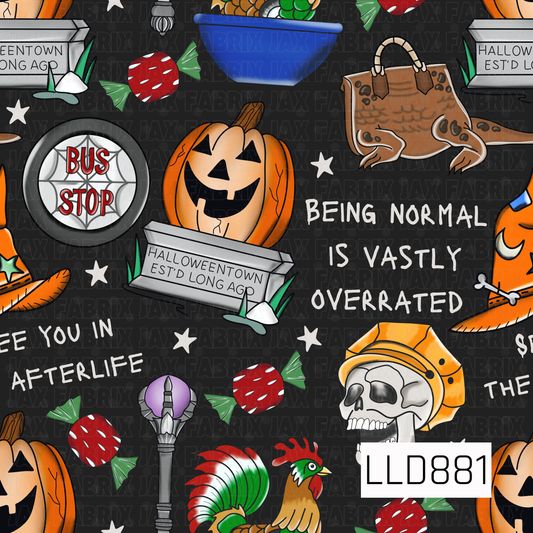 A bold Halloween pattern featuring jack-o’-lanterns, witch hats, candy, skeletons, spooky signs, and other whimsical seasonal elements. A deep black background makes the bright orange, green, red, purple, and white details pop for a fun, slightly spooky look.
