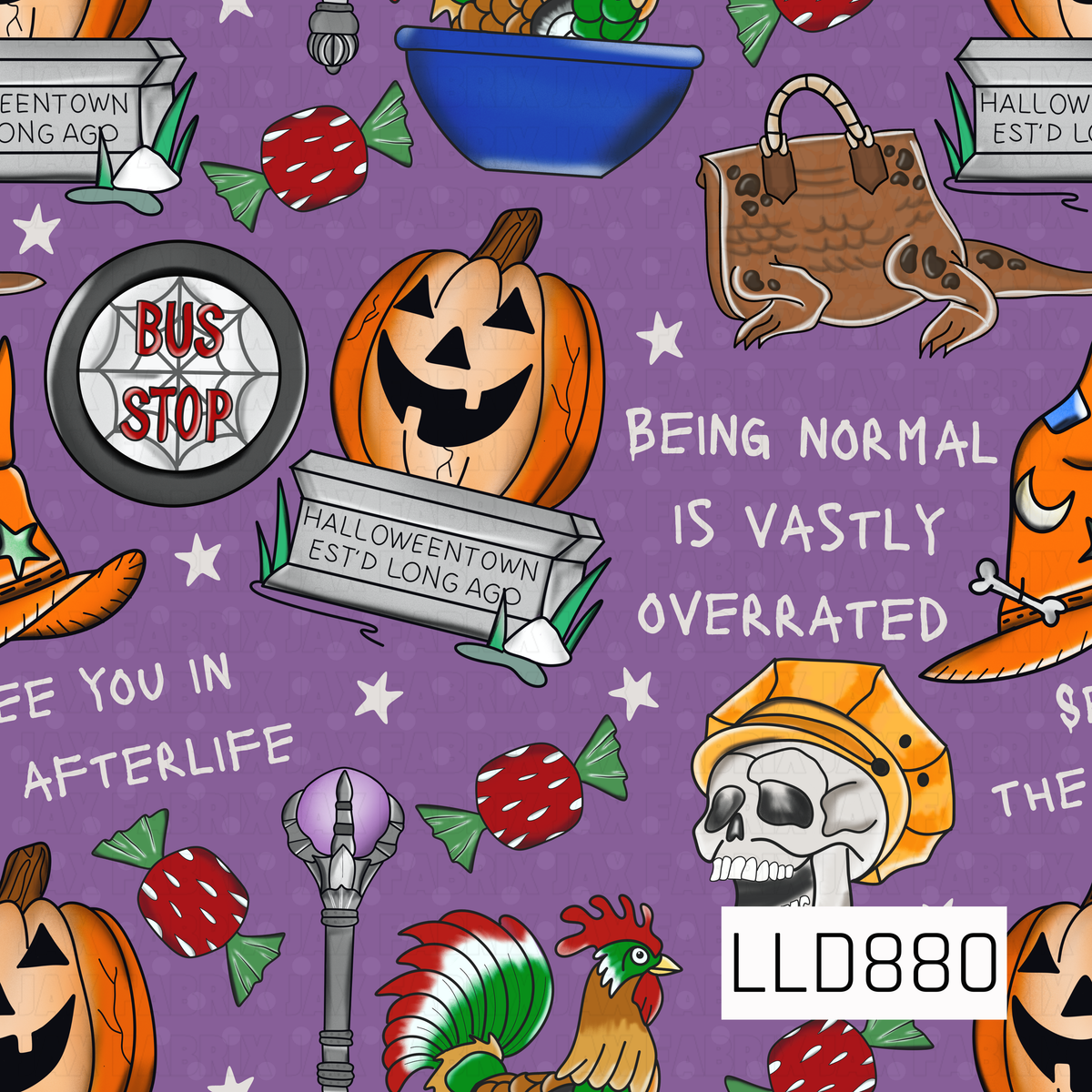 A playful Halloween pattern featuring jack-o’-lanterns, witch hats, candy, skeletons, spooky signs, and other quirky seasonal elements. A purple background with bright orange, green, red, and black accents gives the design a bold, whimsical Halloween feel.
