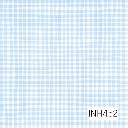 A soft, hand-drawn gingham plaid featuring overlapping watercolor-style stripes in pale powder blue and white. The slightly uneven lines and subtle variations in opacity give it a relaxed, imperfect painted look.