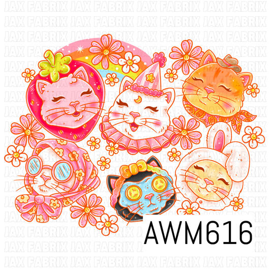 A playful retro-inspired PNG featuring fashionable cats in quirky hats, scarves, bows and oversized glasses. Bright pink, orange, aqua and yellow tones are accented with cheerful flowers, sparkles and whimsical details.