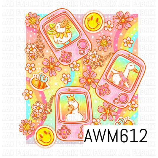 A bright retro-inspired PNG featuring pink handheld game devices filled with whimsical geese, surrounded by colorful flowers, happy faces, bees and sparkling details over a pastel rainbow background. Perfect for shirts, tumblers, stickers, bags, keychains, signs, kids’ accessories, sublimation projects and fun retro-inspired crafts.