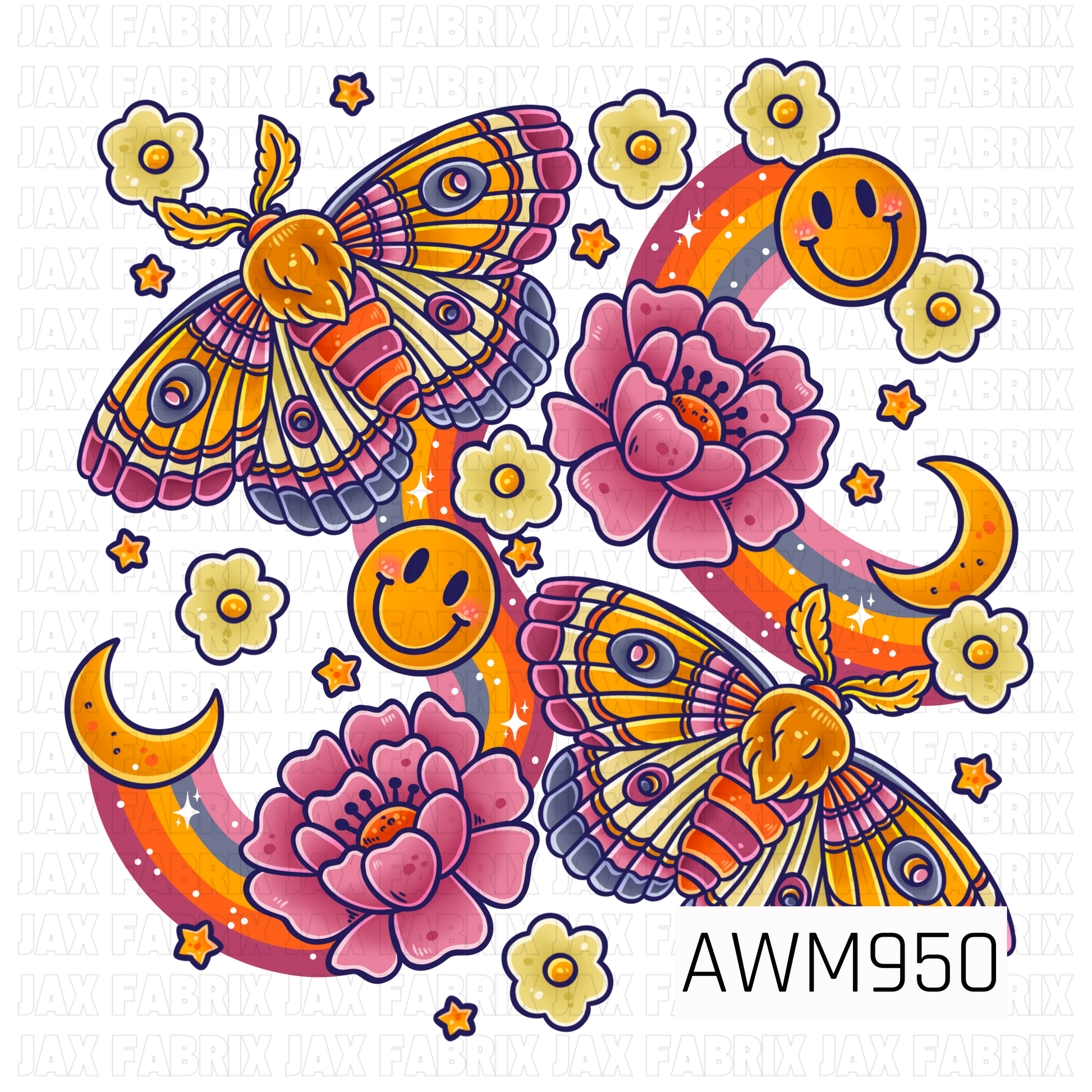 A whimsical seamless fabric design featuring colorful luna moths, blooming flowers, crescent moons, smiling faces, stars, and rainbow accents. The vibrant palette of pink, gold, lavender, and orange creates a dreamy celestial aesthetic with magical cottagecore charm, perfect for quilting cotton, apparel fabrics, nursery textiles, and handmade sewing projects.
