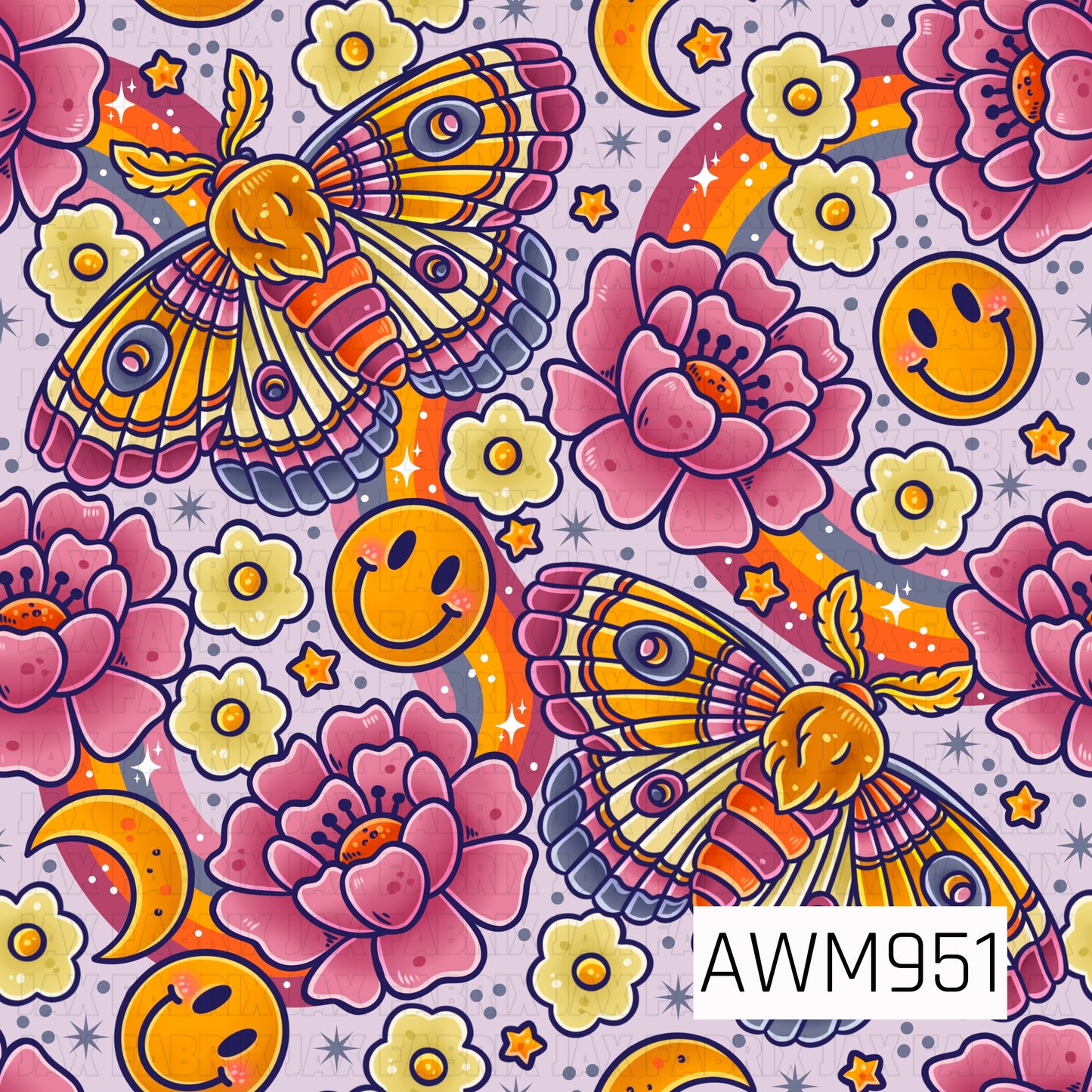 *A whimsical seamless fabric design featuring detailed luna moths, blooming flowers, crescent moons, smiling faces, stars, and rainbow accents. The soft pastel palette of pink, lavender, gold, and cream creates a dreamy, magical aesthetic perfect for quilting cotton, apparel fabrics, nursery textiles, and handmade sewing projects.*
