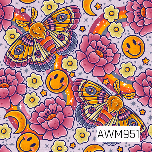 *A whimsical seamless fabric design featuring detailed luna moths, blooming flowers, crescent moons, smiling faces, stars, and rainbow accents. The soft pastel palette of pink, lavender, gold, and cream creates a dreamy, magical aesthetic perfect for quilting cotton, apparel fabrics, nursery textiles, and handmade sewing projects.*
