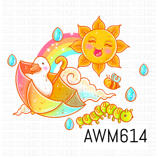 A cheerful weather-themed PNG featuring a smiling sun, rainbow umbrella with fluffy clouds, raindrops, a tiny bee and a bright green caterpillar surrounded by playful stars and sparkles. Perfect for shirts, tumblers, stickers, bags, signs, kids’ accessories, sublimation projects and fun spring or rainy-day crafts.