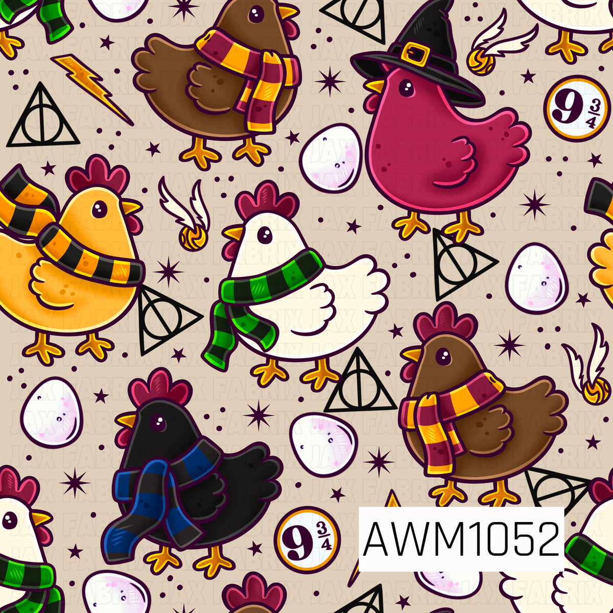 A whimsical Harry Potter-inspired seamless pattern featuring adorable cartoon chickens dressed in colorful Hogwarts house scarves and a black witch's hat. Set against a warm cream background, the design includes golden lightning bolts, Deathly Hallows symbols, Platform 9¾ signs, magical golden snitches, scattered eggs, and tiny stars. Rich shades of burgundy, golden yellow, emerald green, blue, and black give this playful print a magical, nostalgic feel.