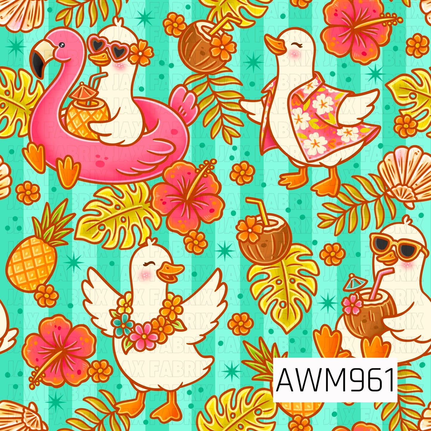 This tropical summer-themed seamless pattern features playful flamingos and ducks enjoying island life with coconuts, tropical drinks, flower leis, sunglasses, and colorful Hawaiian shirts. Surrounded by hibiscus flowers, pineapples, palm leaves, and tropical foliage, the design is set against a bright aqua background for a fun beachy vibe. Bursting with vibrant pink, orange, yellow, and teal tones, this cheerful pattern is perfect for fabric, accessories, summer décor, and handmade projects.
