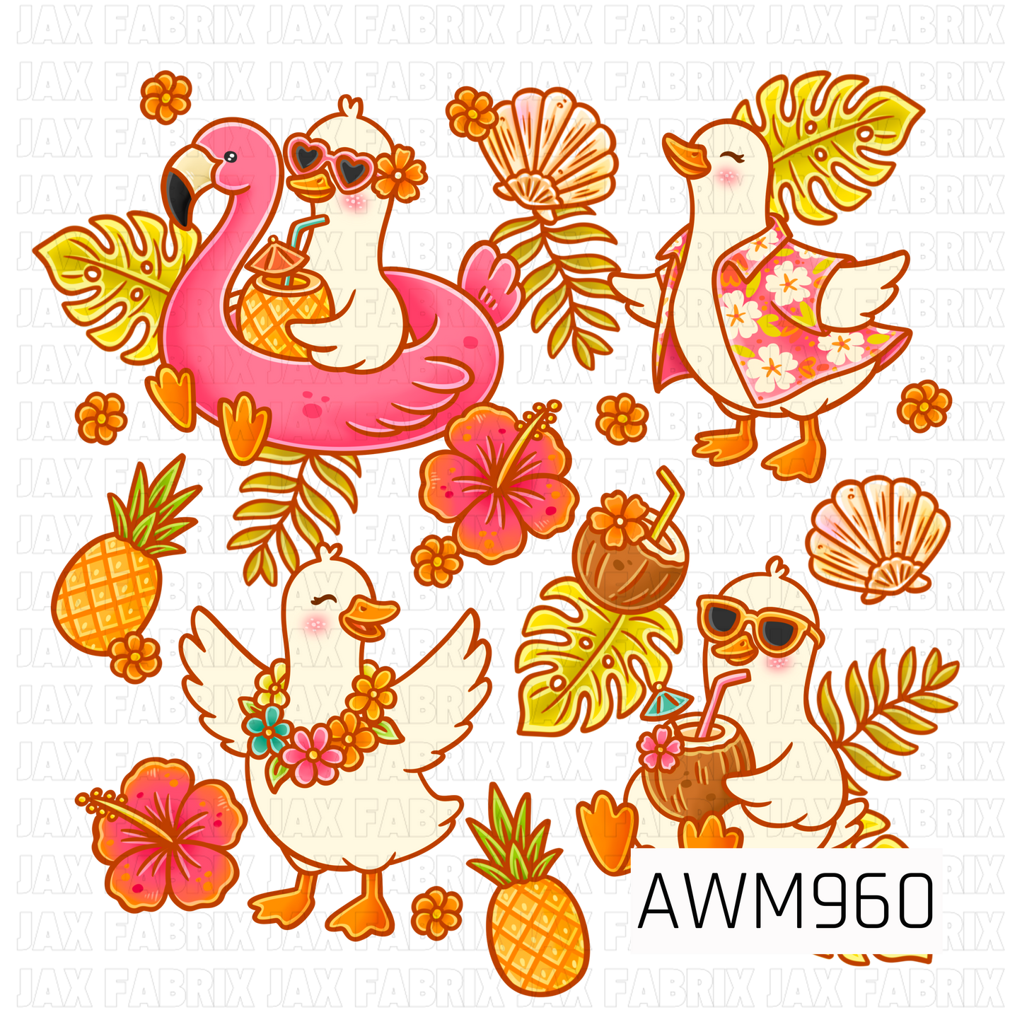 This tropical summer-themed sublimation design features a playful pink flamingo sipping a tropical drink, cheerful ducks dressed in Hawaiian-inspired outfits, and fun island accessories including coconuts, pineapples, hibiscus flowers, seashells, and tropical leaves. Designed in bright shades of pink, orange, yellow, and green, the artwork captures a fun vacation vibe perfect for warm-weather creations. Ideal for sublimating onto t-shirts, tote bags, beach bags, pillows, and other custom projects.
