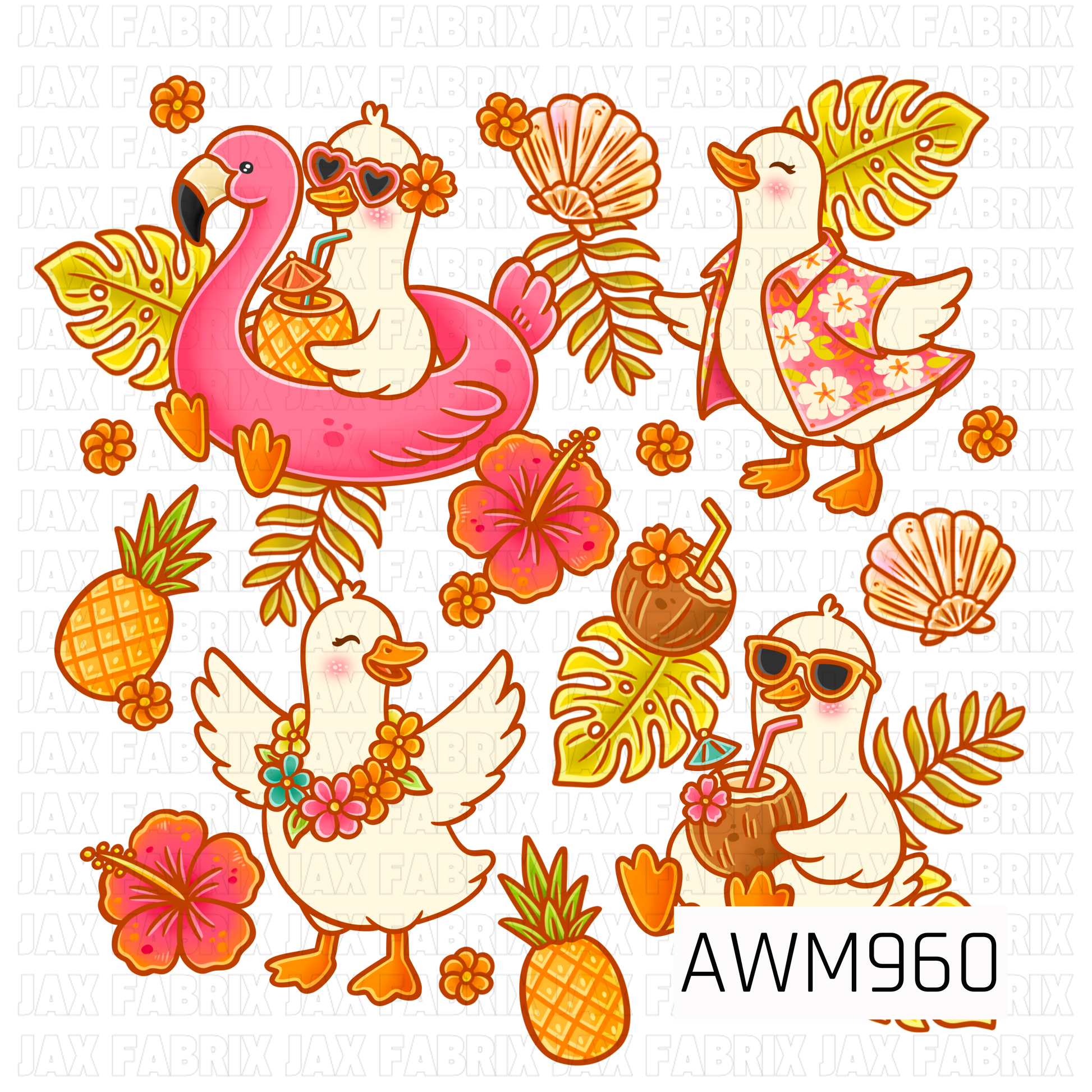 This tropical summer-themed sublimation design features a playful pink flamingo sipping a tropical drink, cheerful ducks dressed in Hawaiian-inspired outfits, and fun island accessories including coconuts, pineapples, hibiscus flowers, seashells, and tropical leaves. Designed in bright shades of pink, orange, yellow, and green, the artwork captures a fun vacation vibe perfect for warm-weather creations. Ideal for sublimating onto t-shirts, tote bags, beach bags, pillows, and other custom projects.
